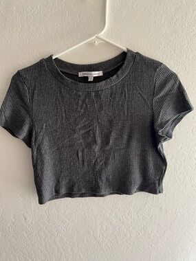 Foreign Exchange Ribbed Short Sleeve Crop Top in Charcoal Gray